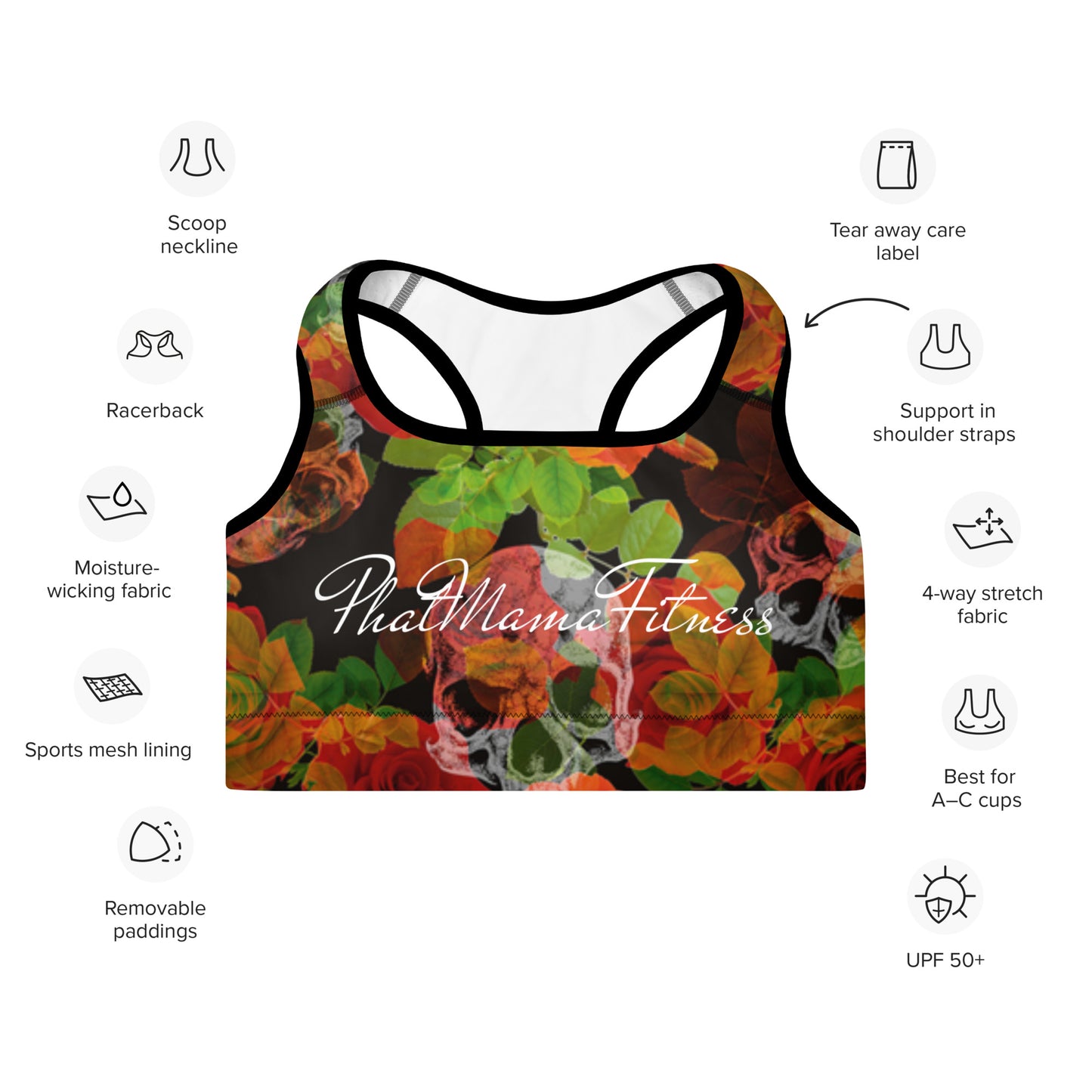 NU Line Sports Bra Skulls & Roses - with print